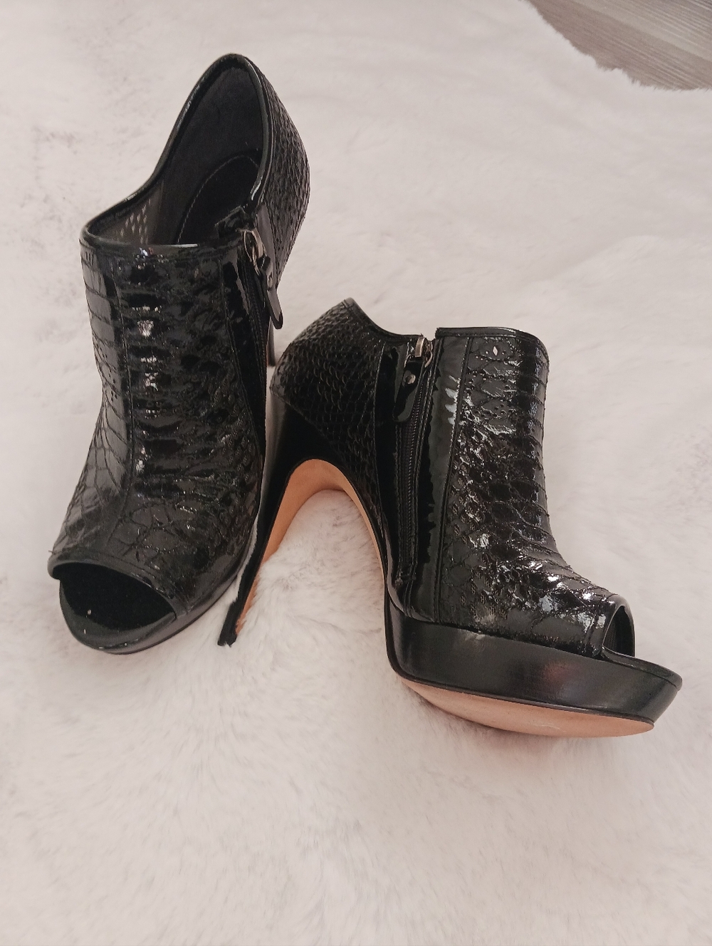 Via Spiga Black Patent Peep-Toe High Heel Booties